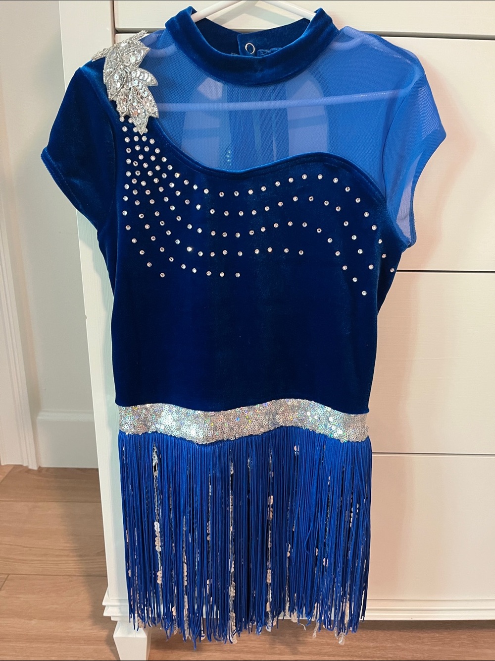 Weissman Blue Velvet Fringe Kids Dance Dress with Rhinestones